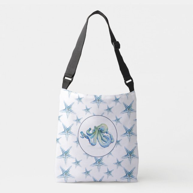 Sac Ajustable Bleu côtier Octopus et Aquarelle de poisson étoilé (Devant)