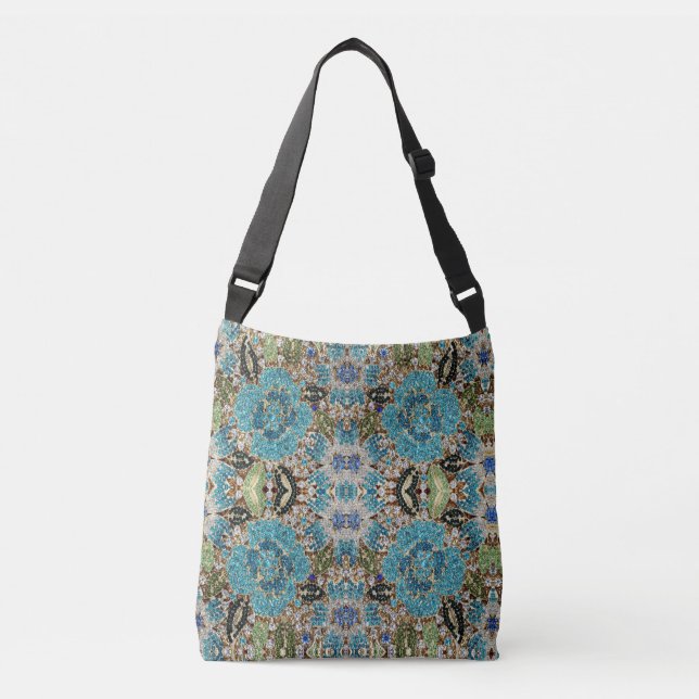 Sac Ajustable bohème girly chic argent turquoise fleur bleu (Devant)