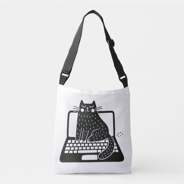 Sac Ajustable Chat noir Whimsical assis sur un ordinateur portab (Devant)