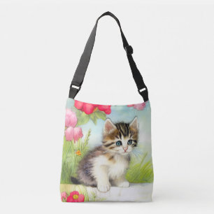 Sac Ajustable Chaton vintage blanc et Brown avec fleurs