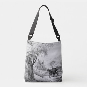 Sac Ajustable Cheval vintage et chariot Toile noir et blanc
