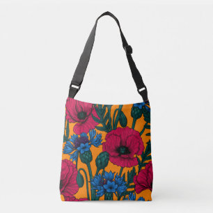 Sac Ajustable Coquelicots rouges et fleurs bleues sur orange