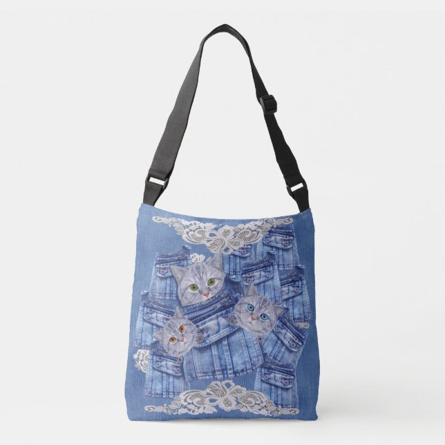 Sac Ajustable Denim Jean poches, chatons et dentelle (Devant)