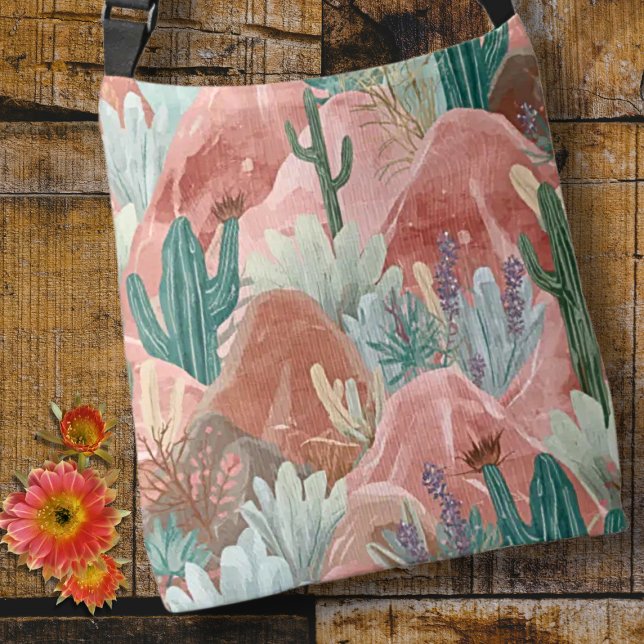 Sac Ajustable Desert Bloom Sunset with Cactus Garden (Desert bloom tote with pink canyons, watercolor cacti, and soft boho southwest charm.)