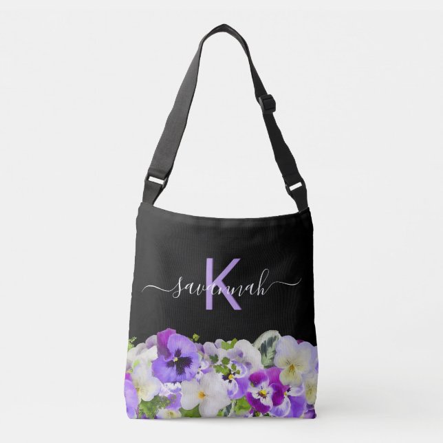 Sac Ajustable Écriture de floraux noir violet violet monogramme (Devant)