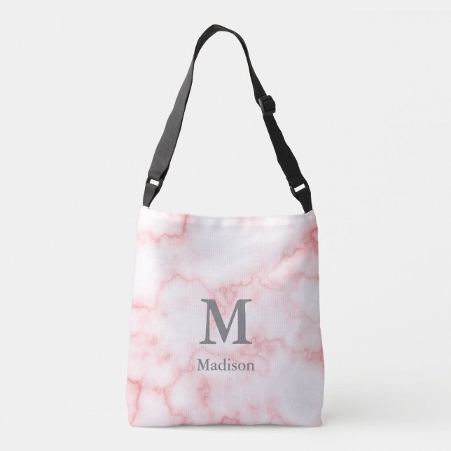 Sac Ajustable Elegant Faux Pink Marble Gray Name & Monogram (Dos)