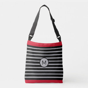 Sac Ajustable Élégant Monogramme sur noir, rouge et argent rayé