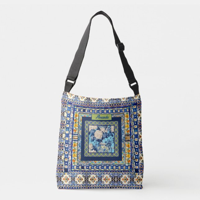 Sac Ajustable Élégante chine à carreaux bleu floral note monogra (Devant)