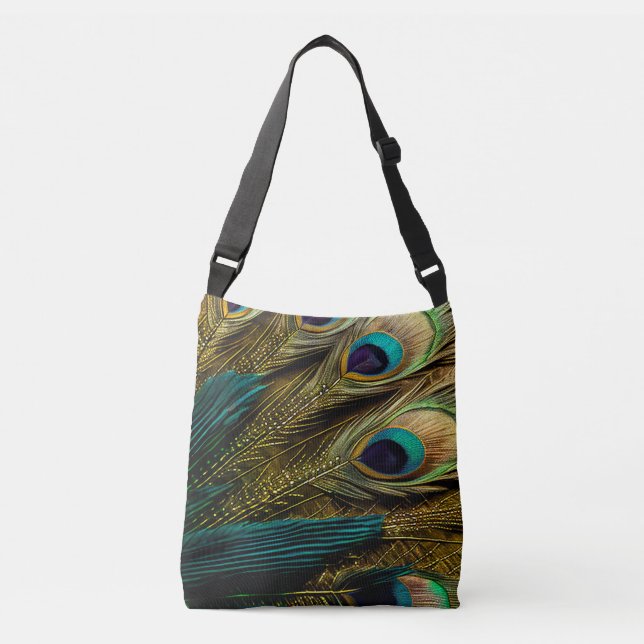 Sac Ajustable Elégante Turquoise Abstraite  Plumes Peacock Or | (Devant)