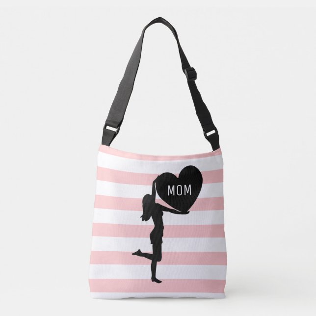 Sac Ajustable Femme & coeur noir silhouette sur rose & blanc (Devant)