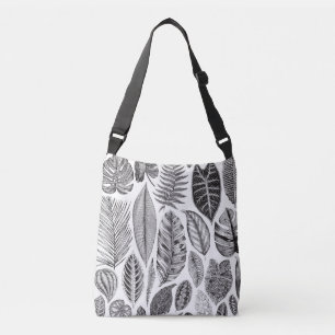 Sac Ajustable Feuilles exotiques, vintage floral noir et blanc.