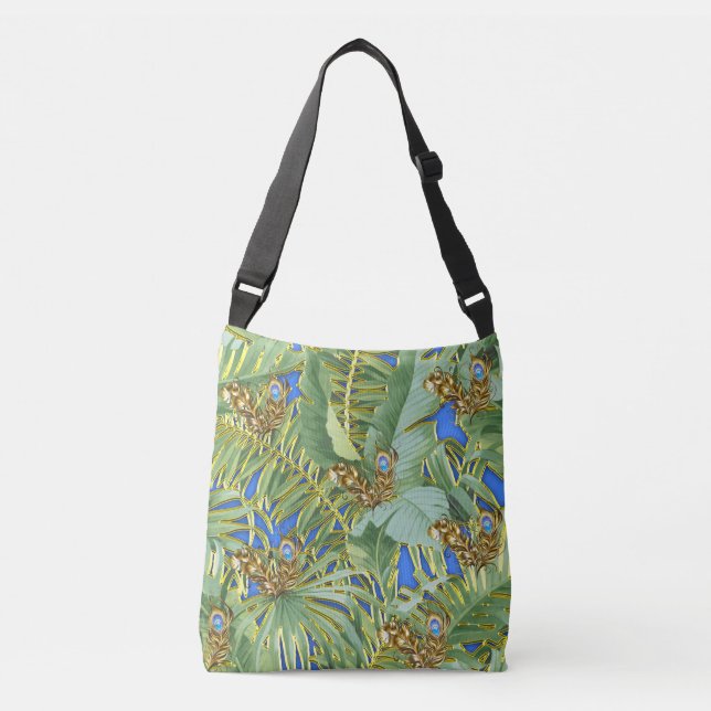 Sac Ajustable Feuilles Golden Peacock sur Cerulean Blue (Devant)