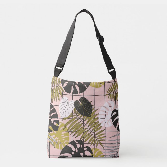 Sac Ajustable Feuilles tropicaux, fleurs, motif peint à la main. (Devant)