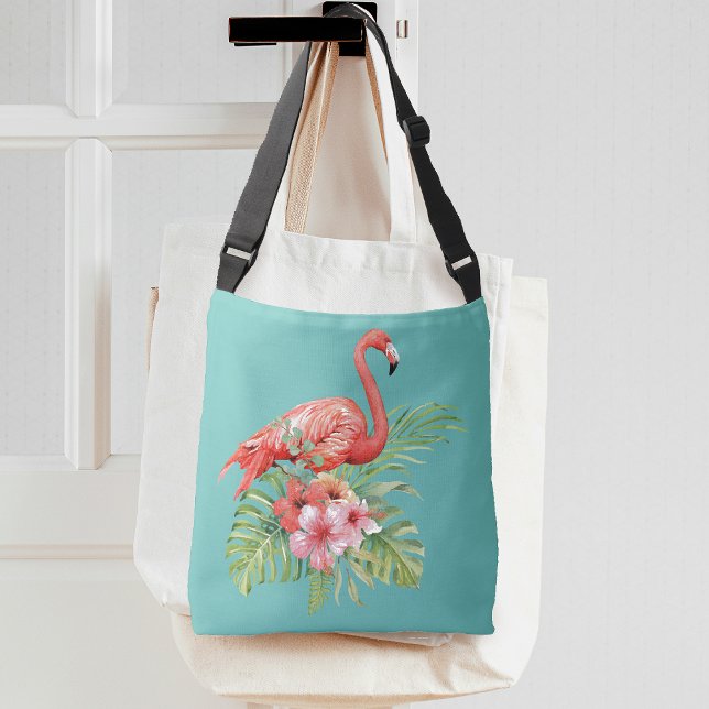 Sac Ajustable Flamant rose tropical Floral Aqua Blue (Tropical Flamingo Floral Aqua Blue Crossbody Bag)