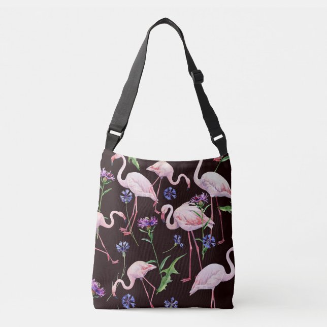 Sac Ajustable Flamants d'aquarelle et fleurs sauvages motif. (Devant)