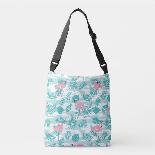Sac Ajustable flamants roses, feuilles de palmiers verts, tropic (Devant)