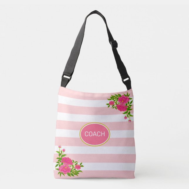 Sac Ajustable Fleurs de pivoine sur rose et blanc rayé (Devant)