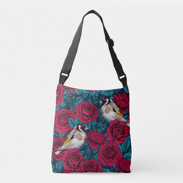 Sac Ajustable Fleurs de roses rouges et oiseaux d'or (Devant)