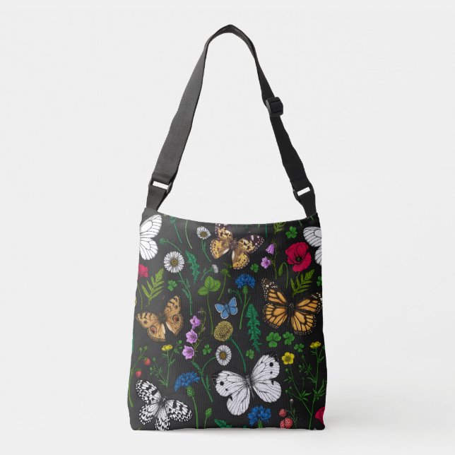 Sac Ajustable Fleurs sauvages et papillons sur le noir (Devant)