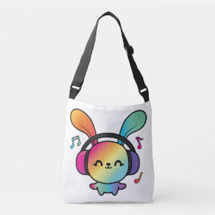 Sac Ajustable Happy Bunny avec écouteurs écoutant de la musique.