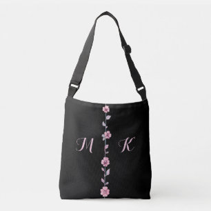 Sac Ajustable Initiales de monogramme floral Aquarelle rose noir