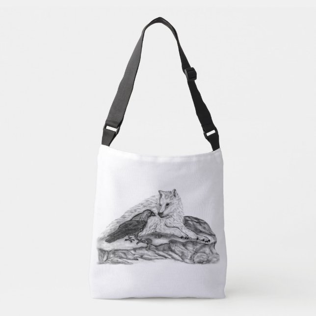 Sac Ajustable Loup et corbeau - Design noir et blanc (Devant)