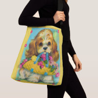 mignon chiot tenant panier de fleurs