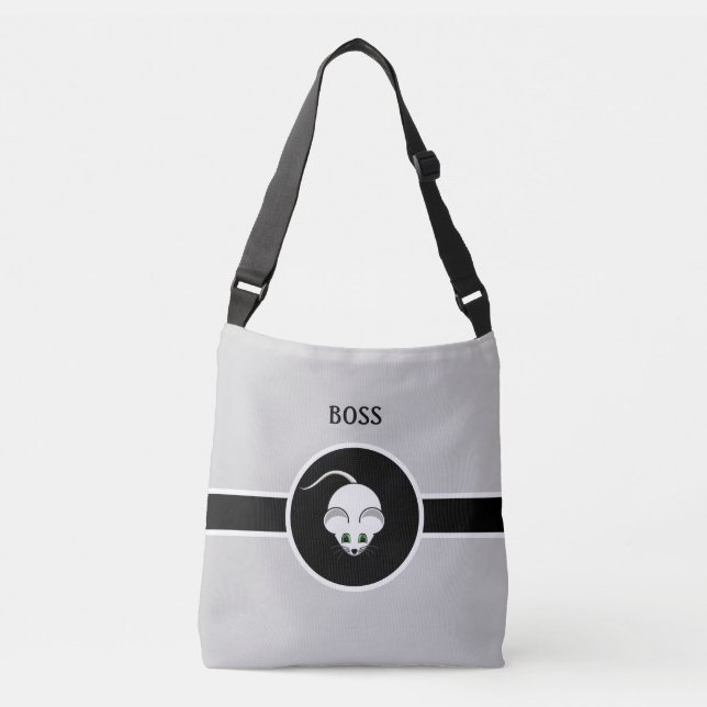 Sac Ajustable Mignonne souris blanche et calligraphie sur gris c (Devant)