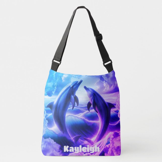 Sac Ajustable Monogramme Bleu & violet Dolphins Océan | (Devant)