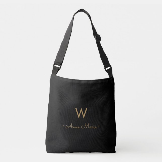 Sac Ajustable Monogramme de script or noir moderne (Devant)