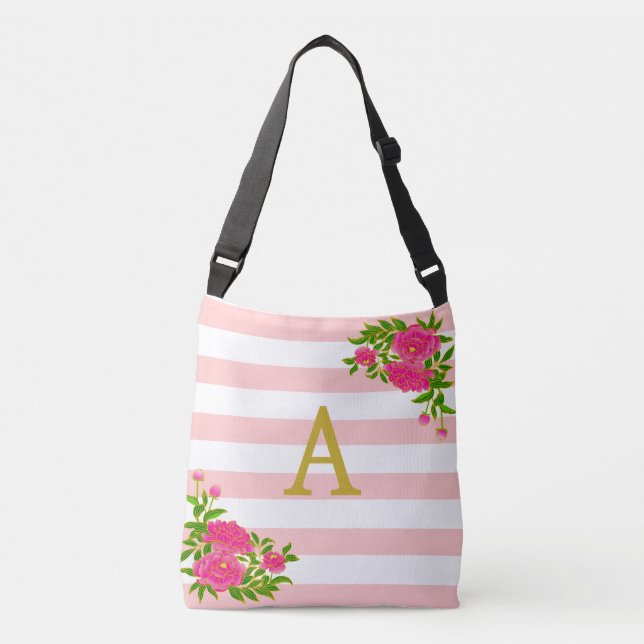 Sac Ajustable Monogramme d'or en rose et blanc rayé (Devant)