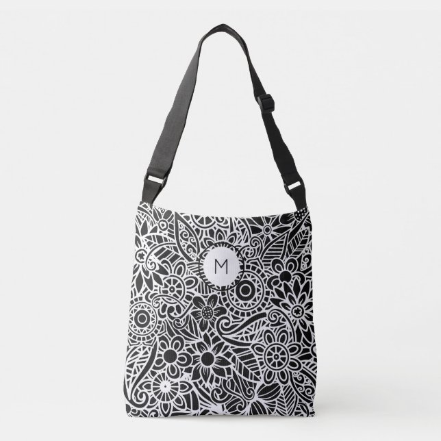 Sac Ajustable Monogramme Initial Floral Mandala Noir Blanc  (Devant)