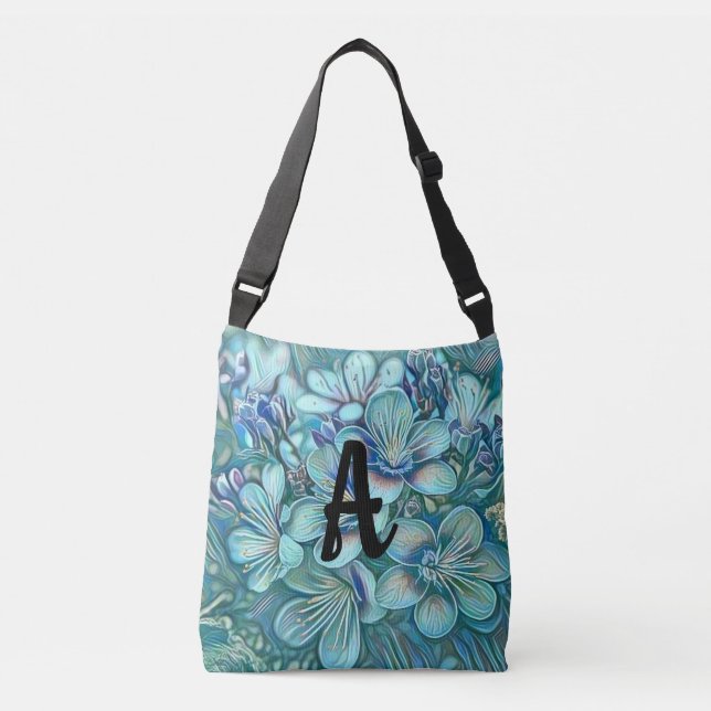 Sac Ajustable Monogramme Moderne Bleu Cerisier Fleur Aquarelle (Devant)