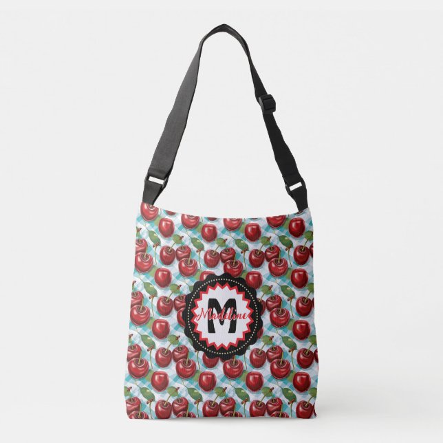 Sac Ajustable Motif de cerisier bleu À damiers plaid personnalis (Devant)