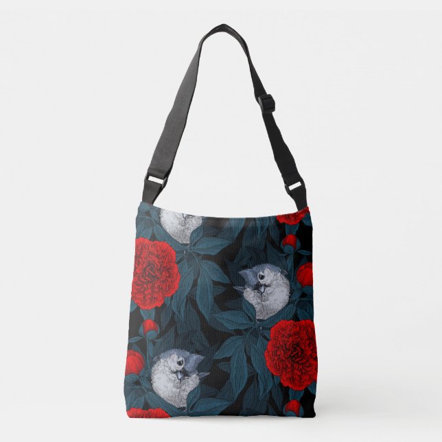 Sac Ajustable Oiseaux et fleurs de pivoines rouges avec feuilles (Devant)