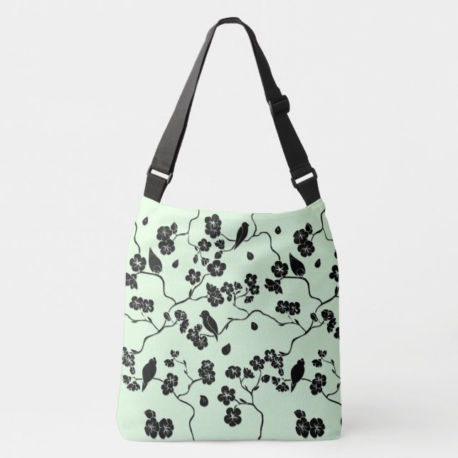 Sac Ajustable Oiseaux sur les fleurs de cerisiers Noir sur le ve (Devant)