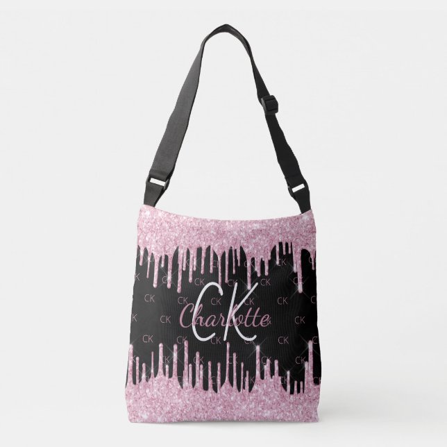 Sac Ajustable Paillettes noir rose monogramme élégant gouttes (Devant)