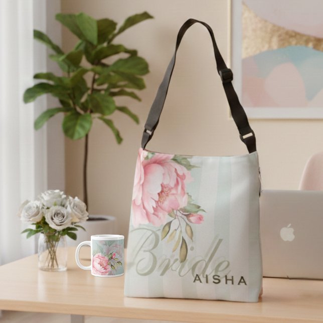 Sac Ajustable Pink Peony & Sage Green Floral (In your bride era: This stunning peony crossbody & matching mug are perfect for a stylish, busy day!)
