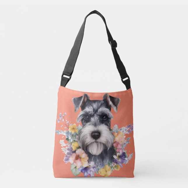 Sac Ajustable Portrait mignon Schnauzer avec fleurs (Devant)