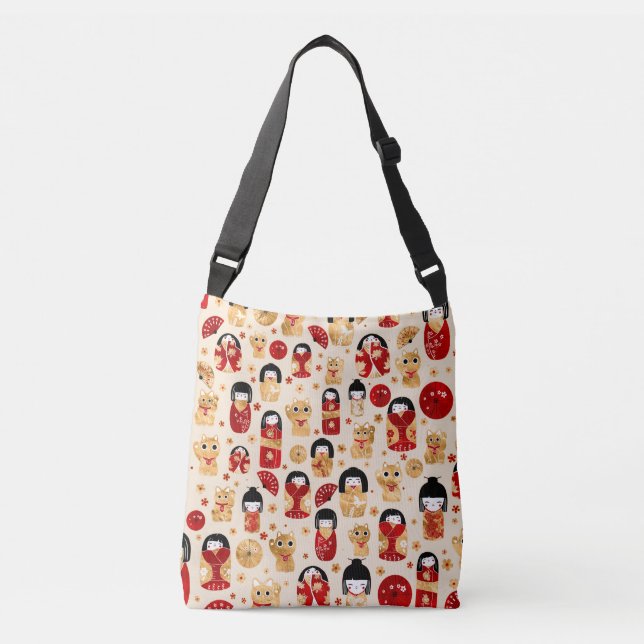 Sac Ajustable Poupées japonaises - Chats Kokeshi et Maneki Neko (Devant)