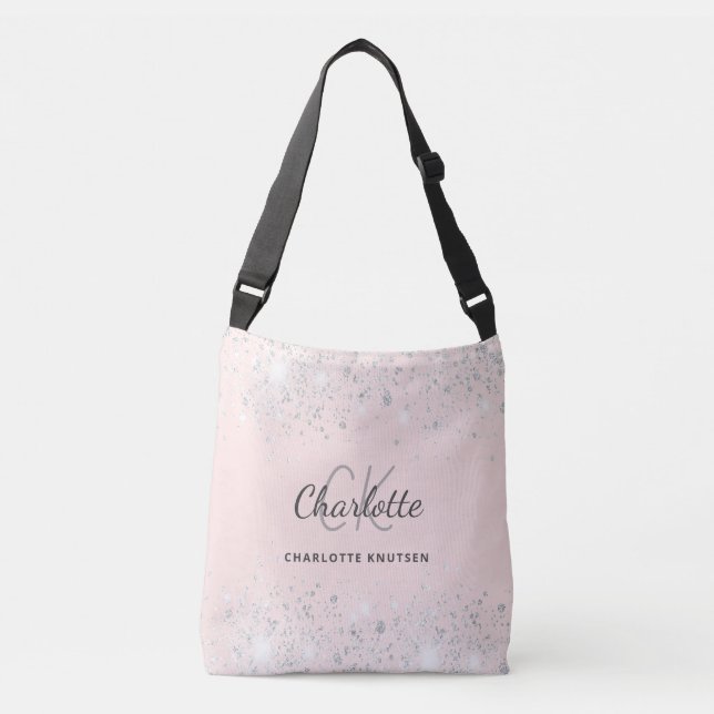 Sac Ajustable Rose gold pailleté d'argent monogramme nom (Devant)