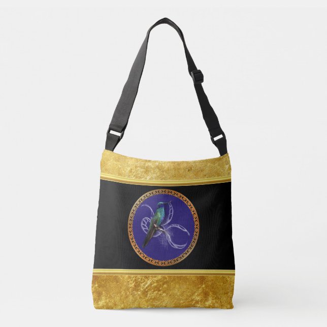 Sac Ajustable Vert turquoise et bleu avec colibri violet (Devant)