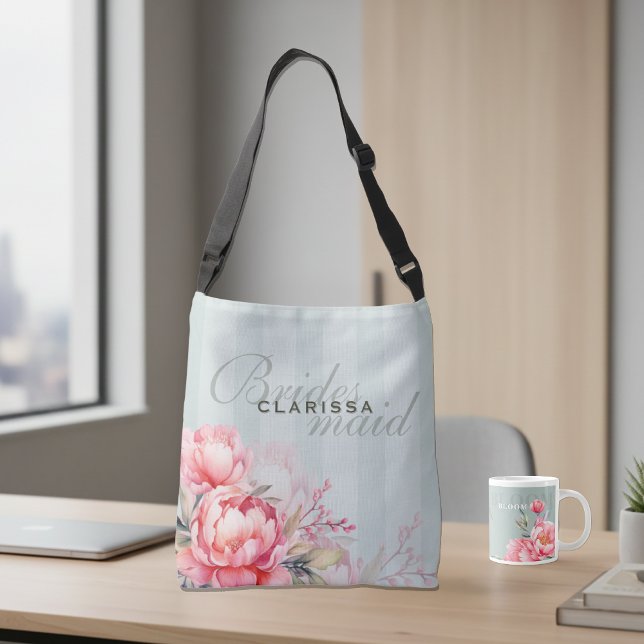 Sac Ajustable Wedding Bridesmaid | Pink Peony & Sage Green (A curated duo. The Peony Sage tote back-view, styled with our signature botanical mug.)