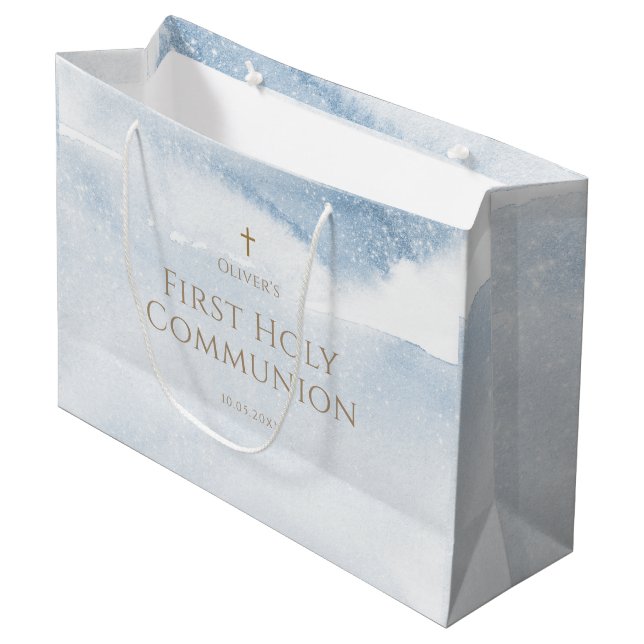 Sac bleu aquarelle garçon première communion grand (Devant Angle)