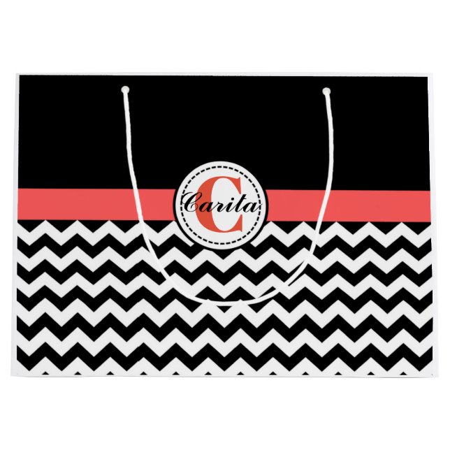 Sac cadeau Chevron noir/blanc monogramme (Devant)