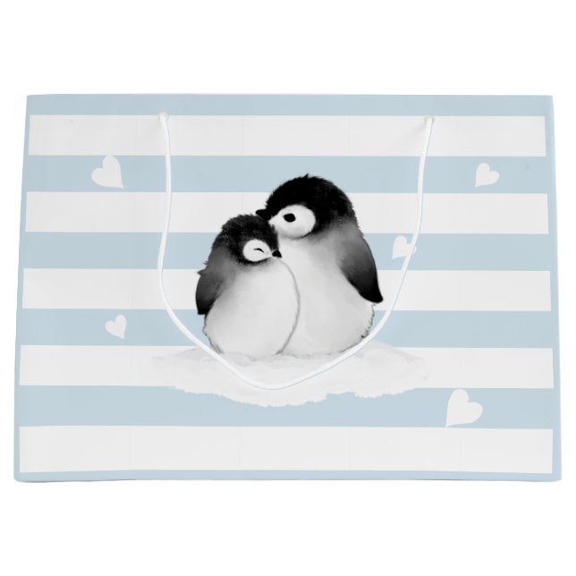 Sac cadeau Coeur Gris Pingouins Bleu (Devant)