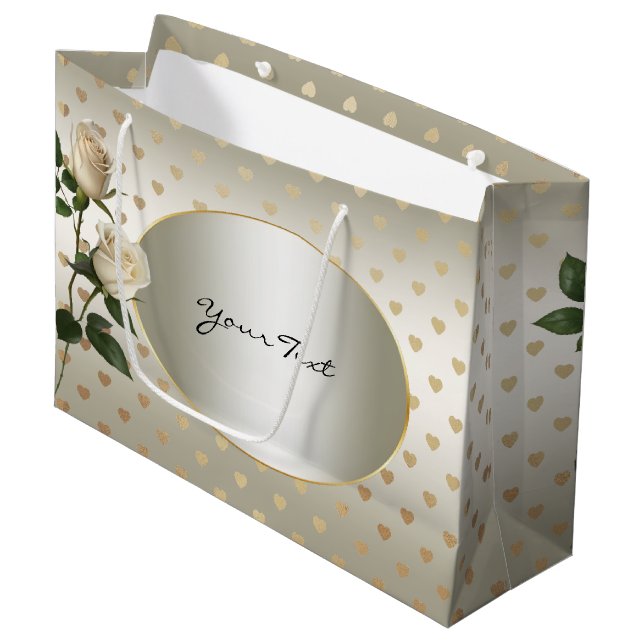 Sac cadeau Coeurs or Roses blanches (Devant Angle)