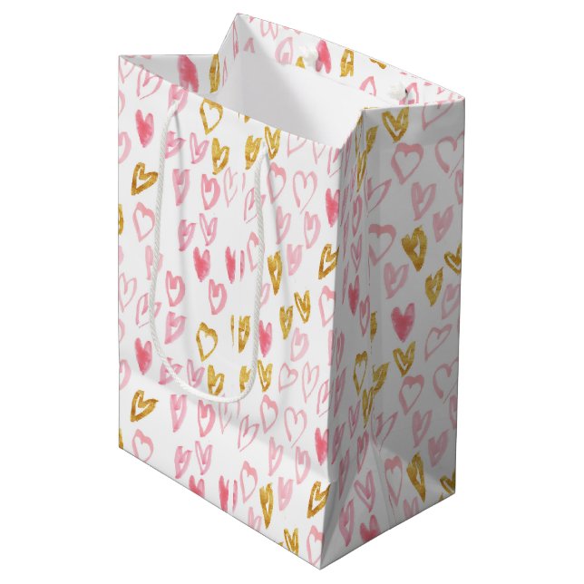 Sac cadeau Coeurs rose et or (Devant Angle)