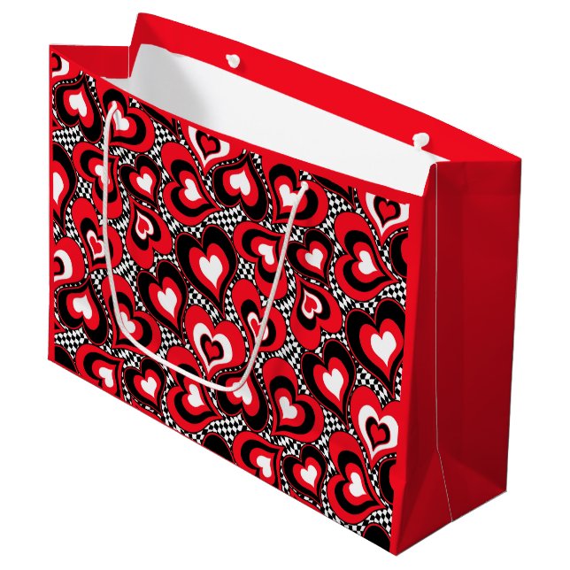 Sac Cadeau Coeurs, rouge, noir, blanc, Saint Valentin. Grand (Devant Angle)