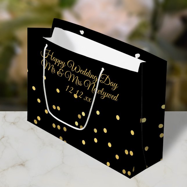 Sac cadeau de jour de mariage noir et or Confetti (Happy Wedding Day to the Newlyweds! Just add the Couple's name and wedding date to this gift bag)